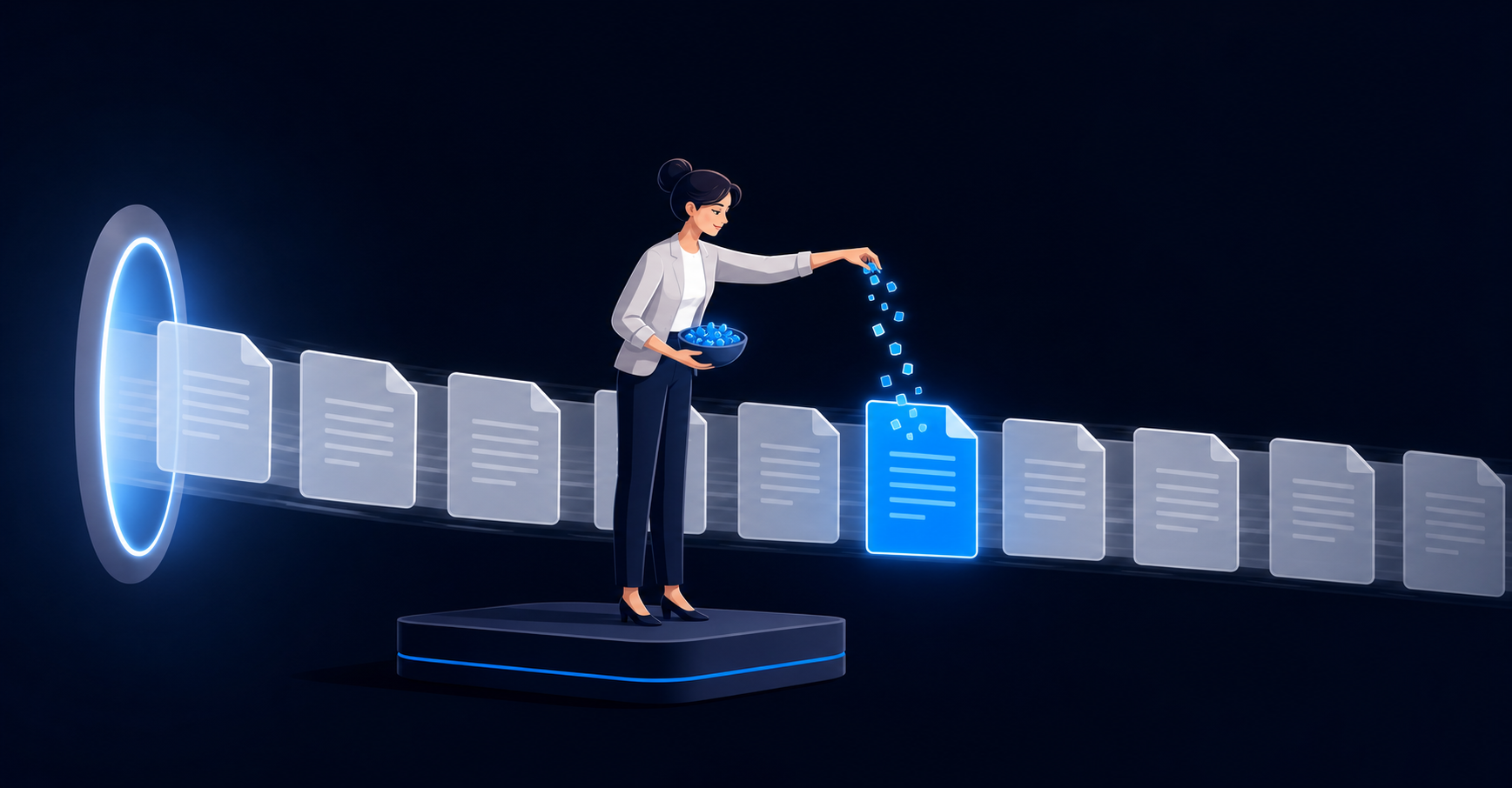 Electric Blue Document Stream with Stylized Professional