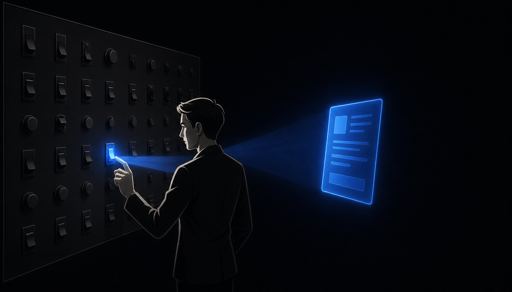 Focused Professional with Electric Blue Switch and Floating Document