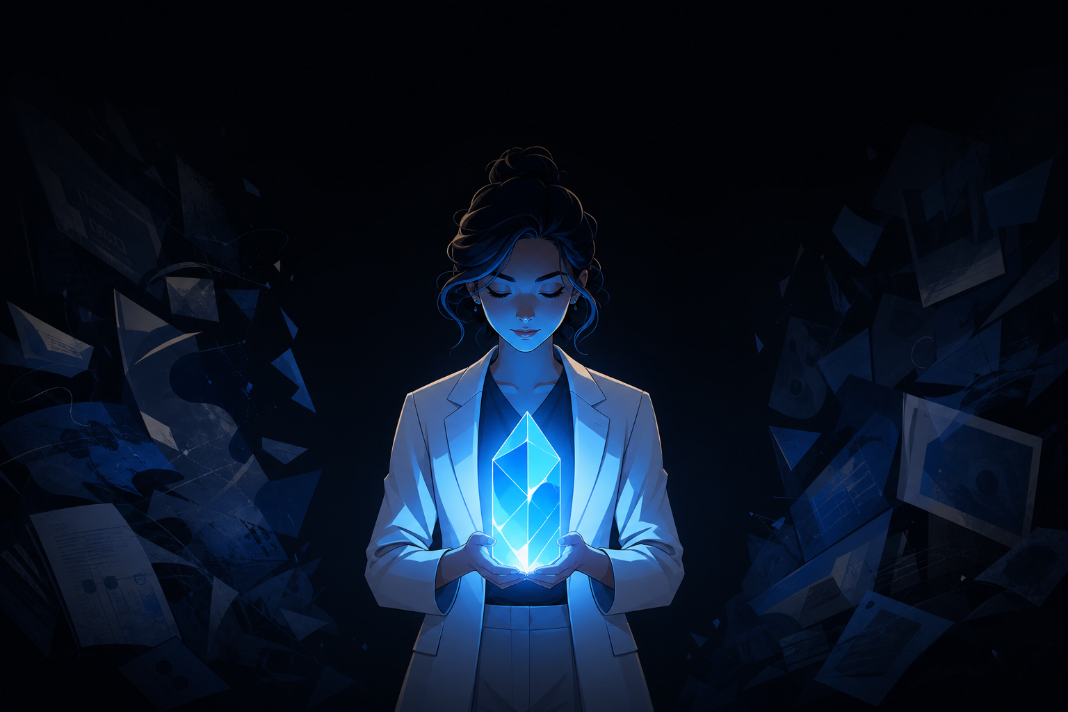 Stylized Figure Holding Glowing Prism in Cinematic Dark Background