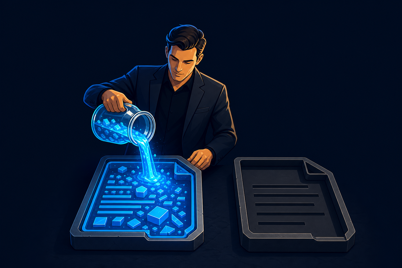 Stylized Figure Pouring Electric Blue Liquid into Document Mold