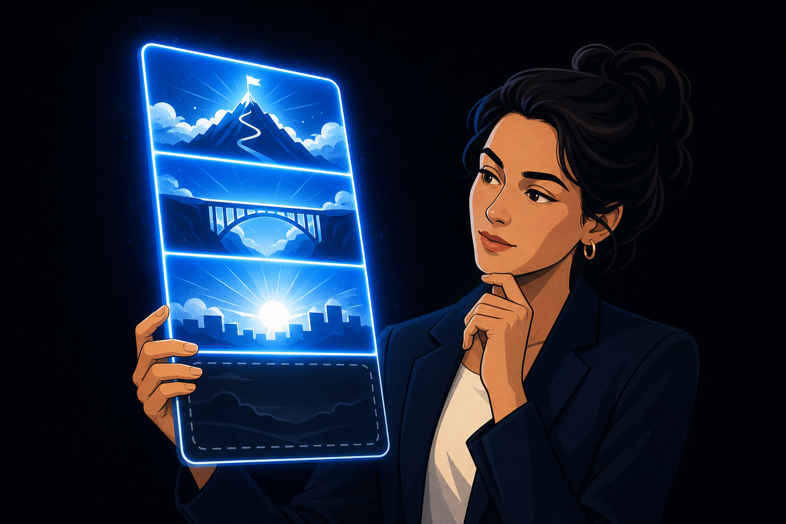 Stylized Professional Examines Glowing Card with Four Sections