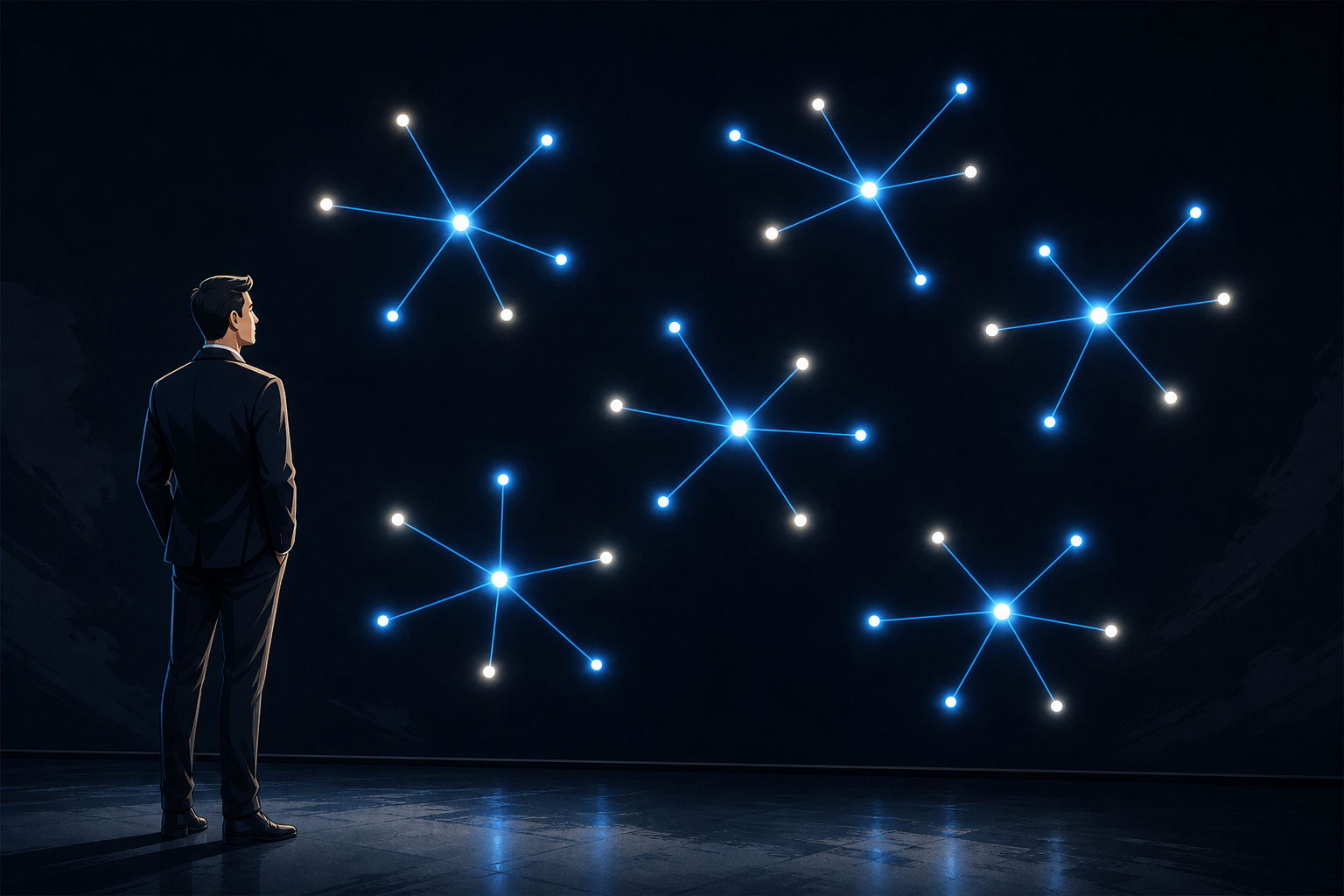 Stylized Professional Figure Amid Resolved Luminous Clusters