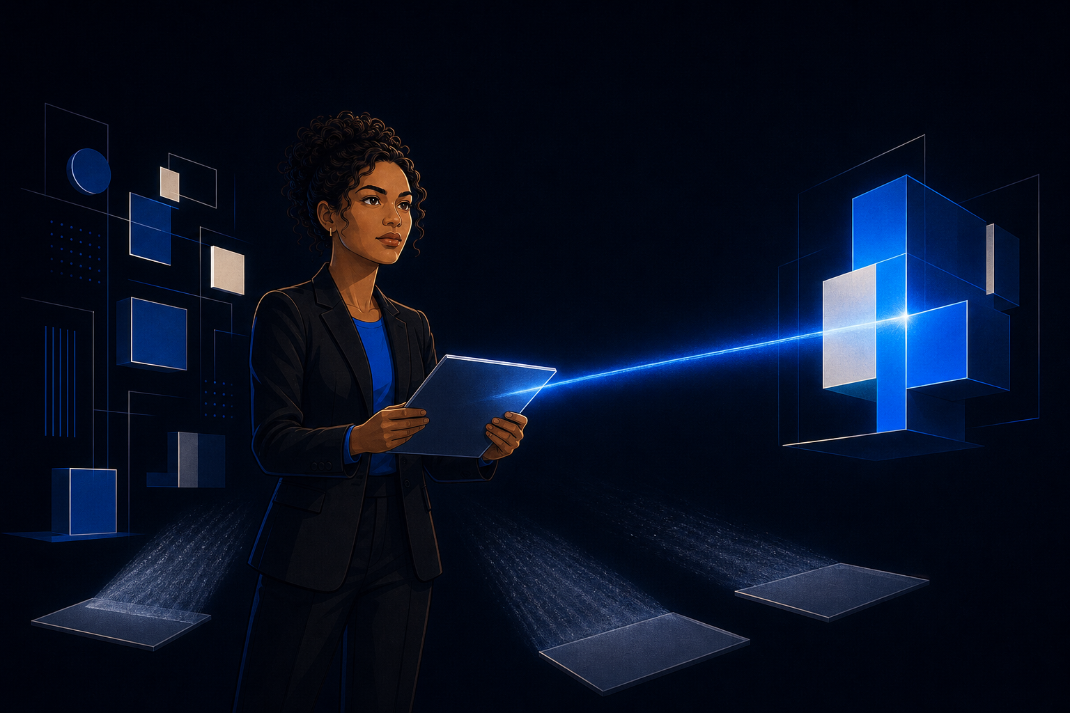 Stylized Professional Figure With Document Beam and Geometric Light